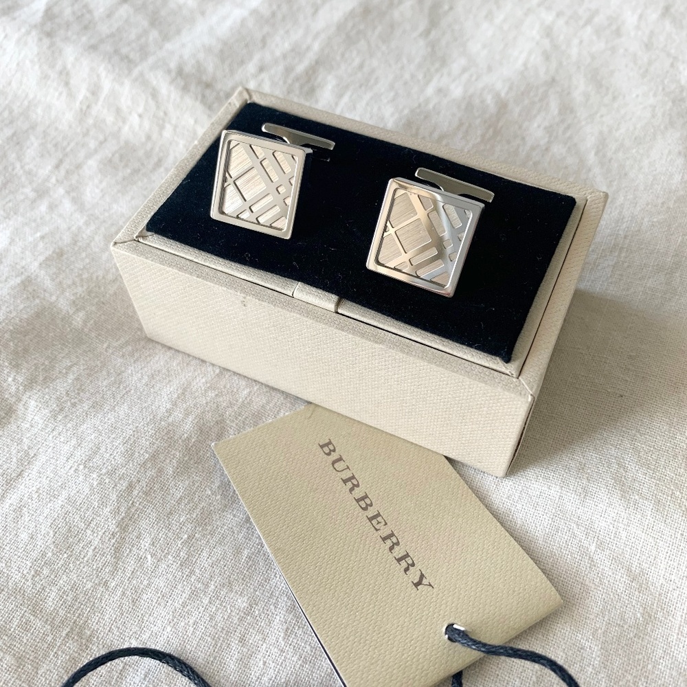 NWT Burberry Check Cuff Links Silver
